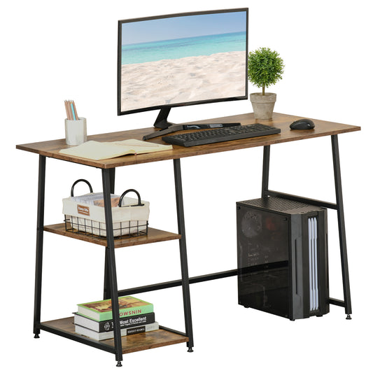 HOMCOM Computer Desk with Storage, Industrial Home Office Desk with 2 Tier Shelves and Steel Frame, Work Desk for Study Room, Rustic Brown