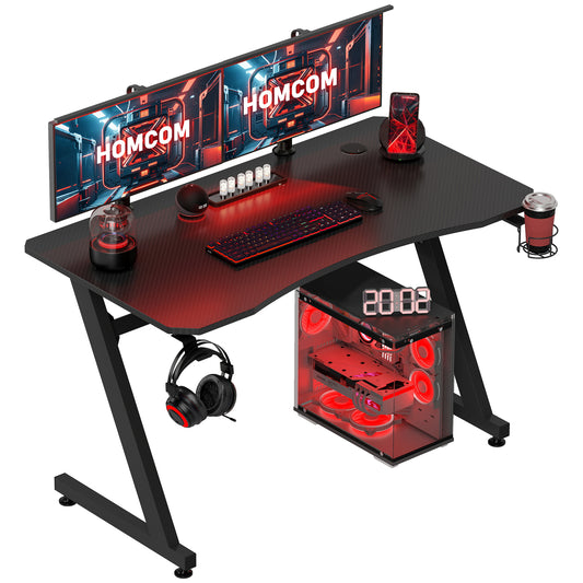 HOMCOM Gaming - Home Office Computer Steel Frame Desk with Cup Holder, Headphone Hook, Adjustable Feet and Cable Organiser Black