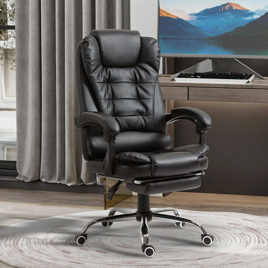 HOMCOM Executive Office Chair, PU Leather with Swivel Wheels, Reclining Backrest, Retractable Footrest, Black